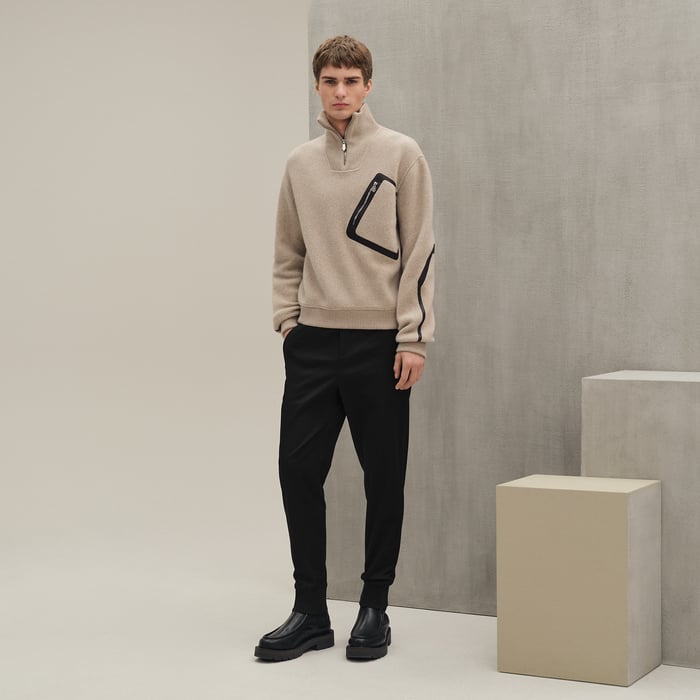 Sable Full-zip Sweater With Leather Detail