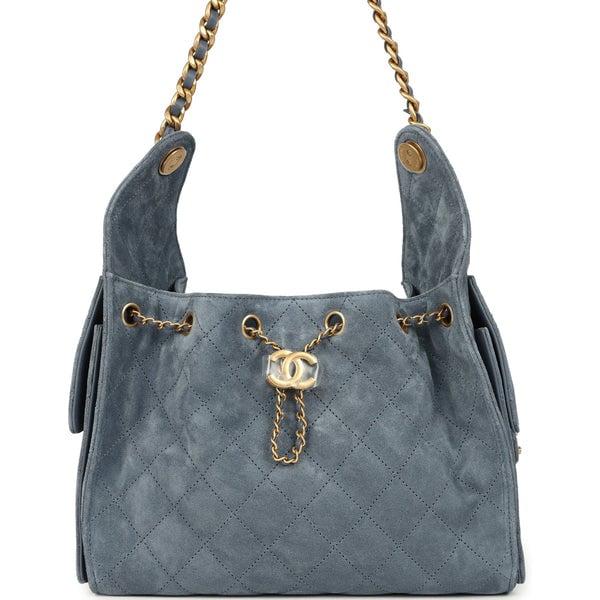 Chanel Small 25 Hobo Bag Blue Suede Antique Gold Hardware