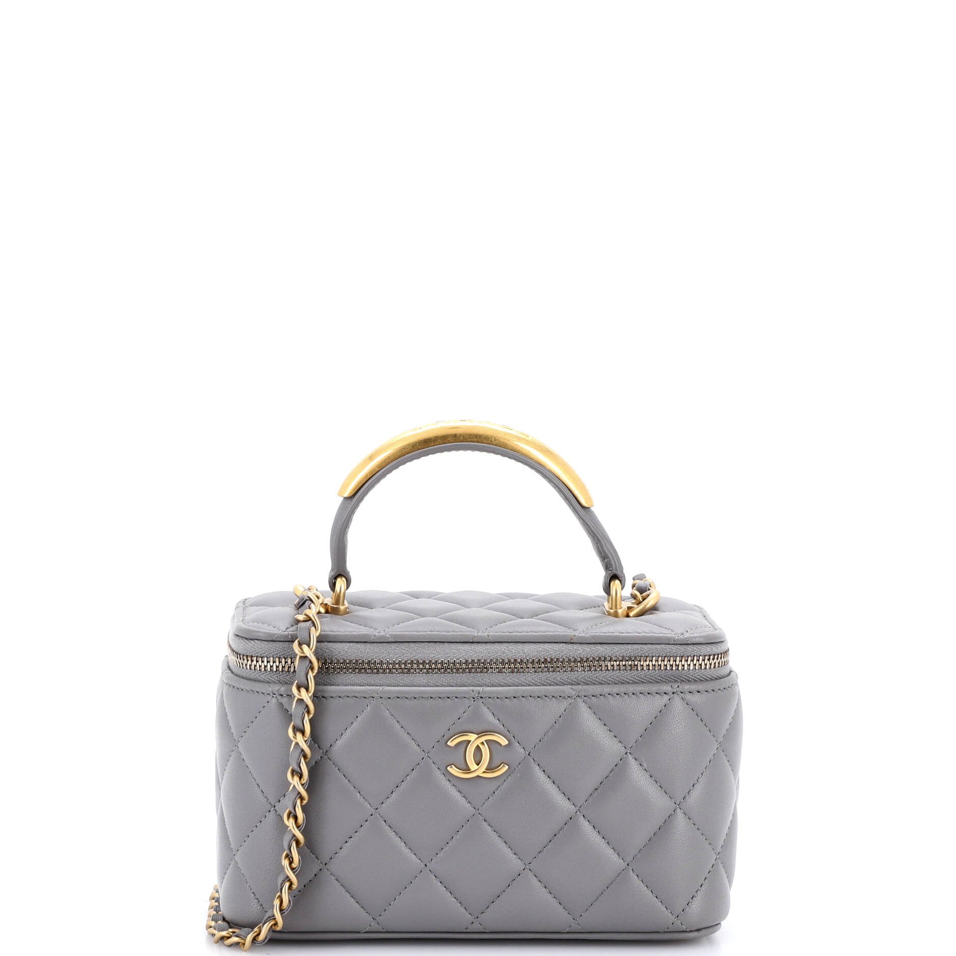 CC Top Handle Vanity Case with Chain Quilted Lambskin with Metal Small