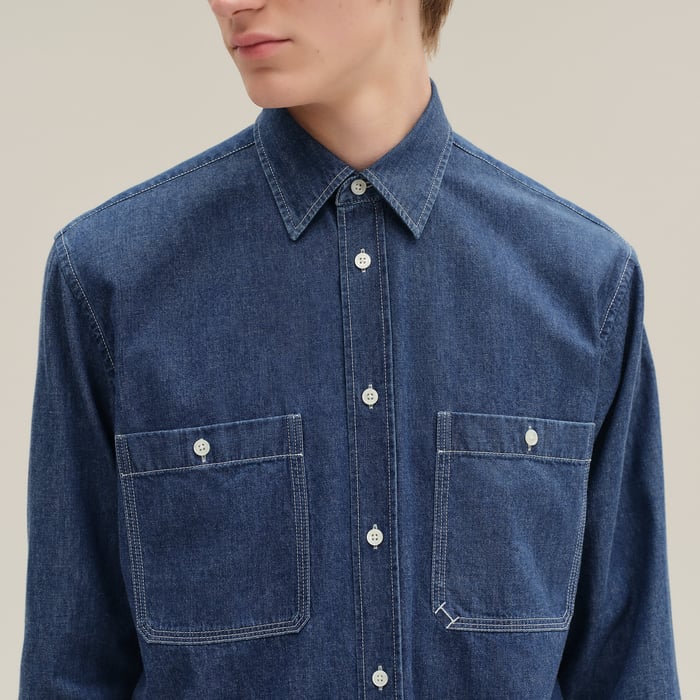 Indigo Lavé "H" Straight Cut Embroidered Denim Shirt