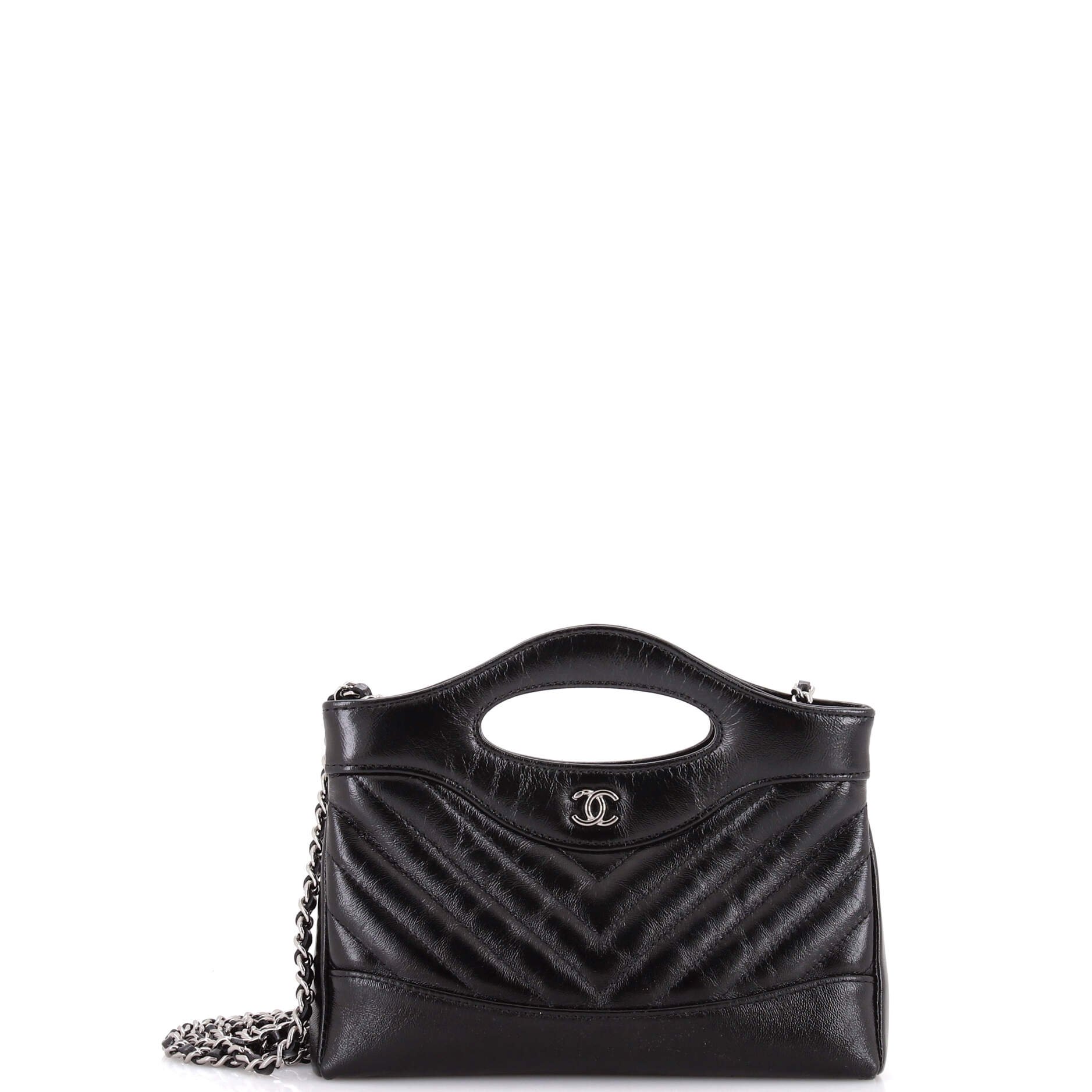 31 Shopping Bag Clutch with Chain Chevron Shiny Crumpled Calfskin Small