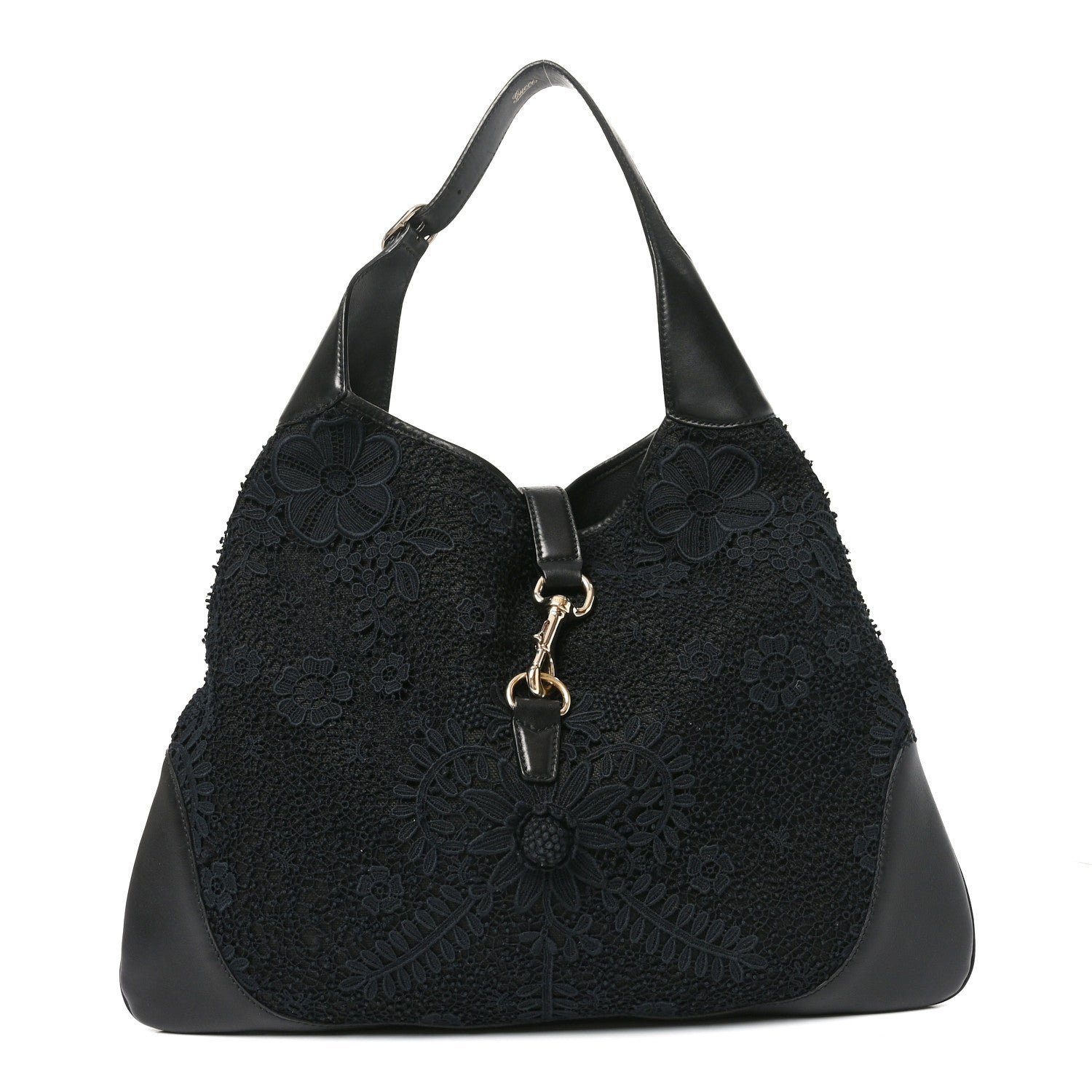 Gucci Calfsking Lace Large Jackie O Bouvier Hobo Black