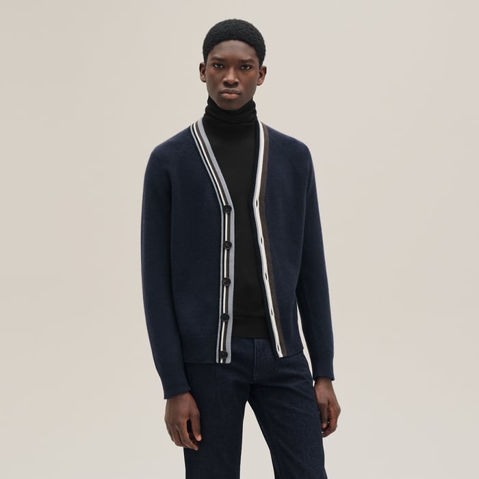 Marine Cashmere "Rayures Asymetriques" Buttoned Cardigan