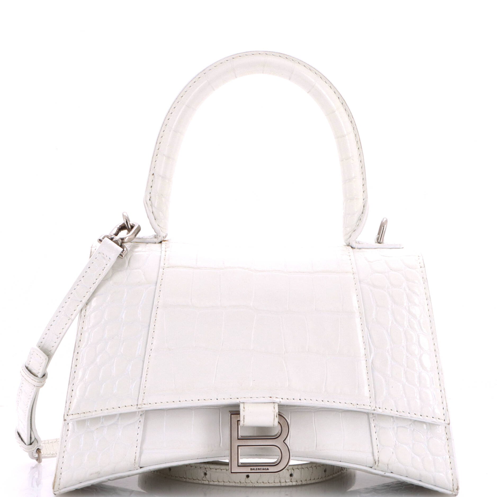 Hourglass Top Handle Bag Crocodile Embossed Leather Small