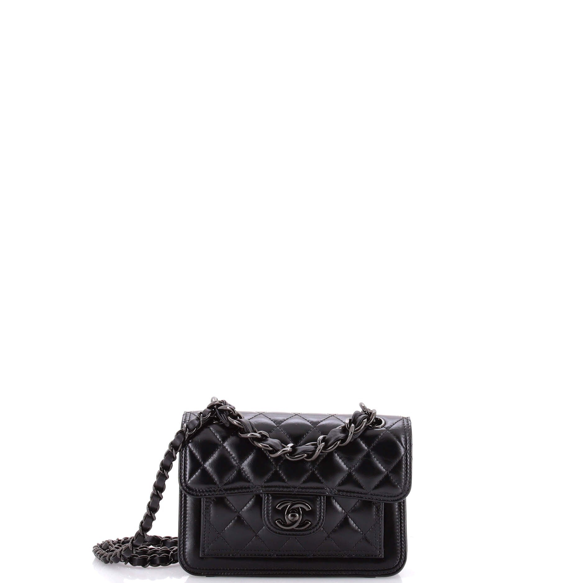 So Black Double You CC Flap Bag Quilted Shiny Crumpled Calfskin Mini