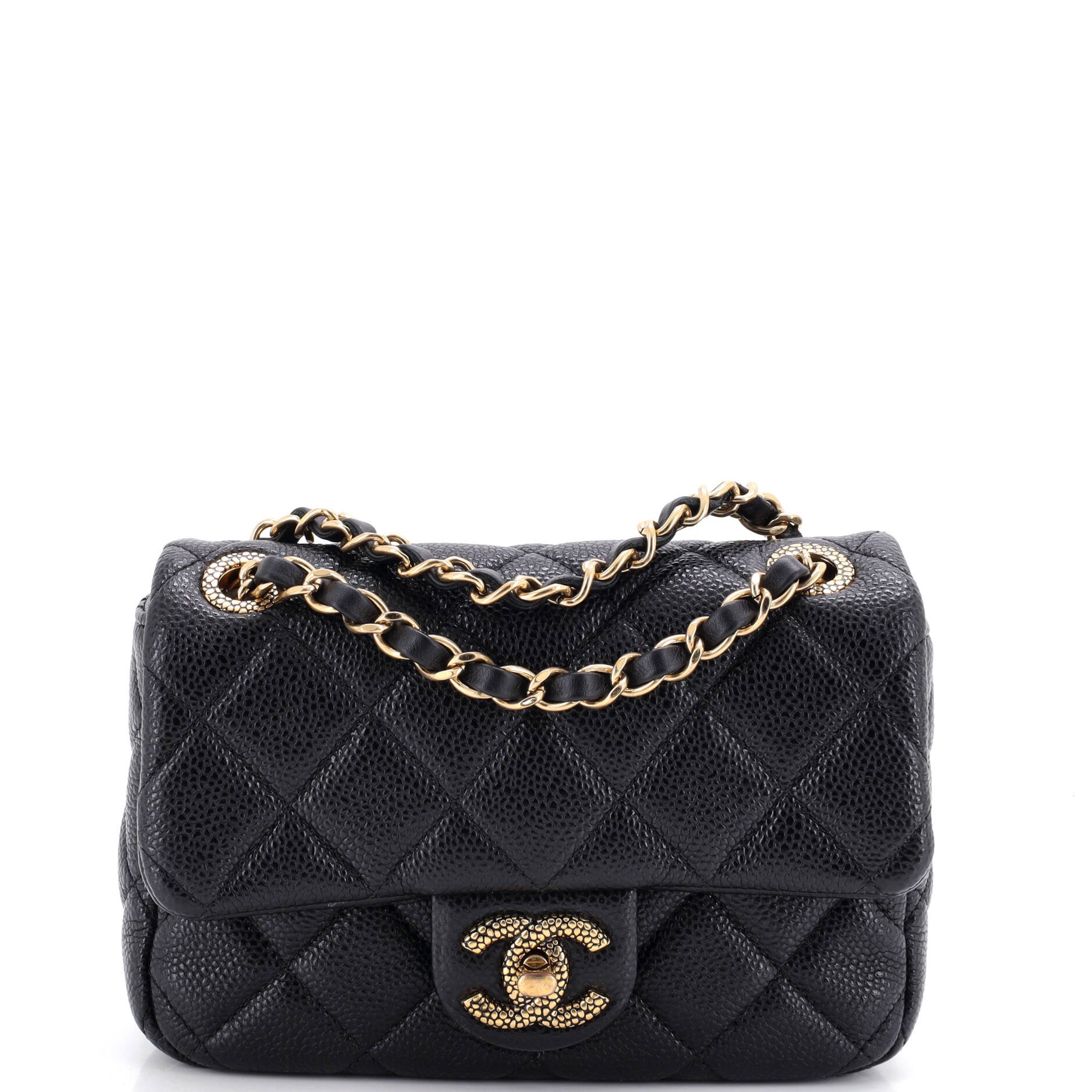 Textured CC Classic Single Flap Bag Quilted Caviar Mini