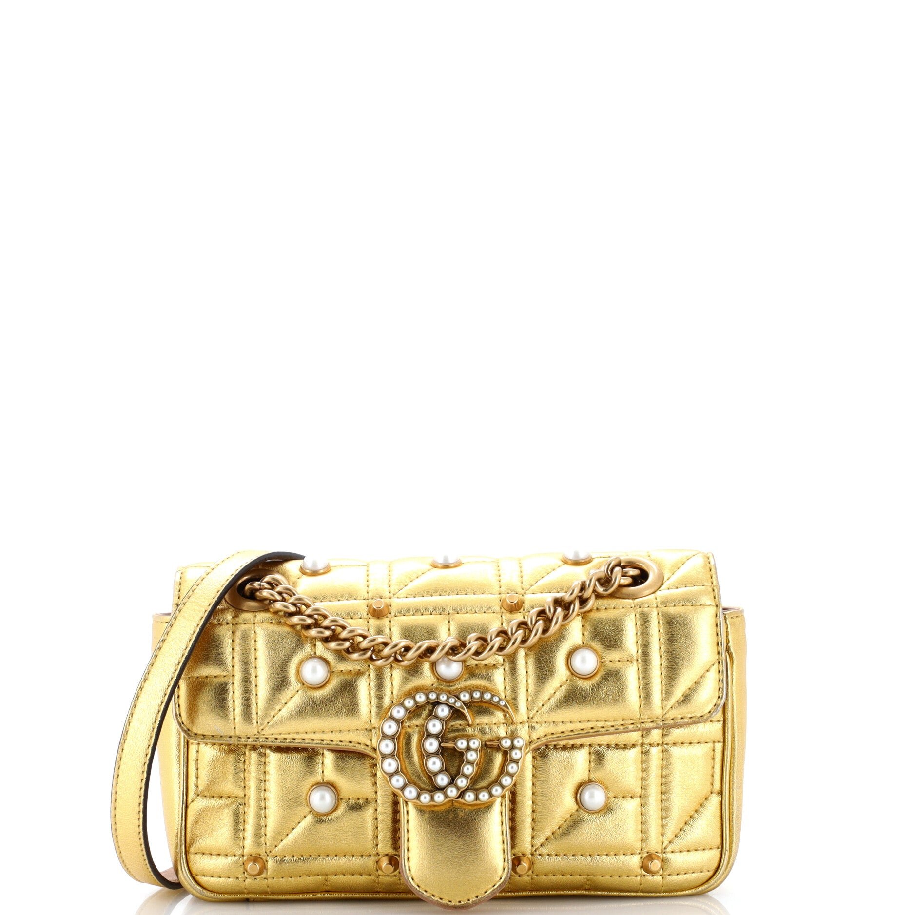 Pearly GG Marmont Flap Bag Embellished Matelasse Leather Mini