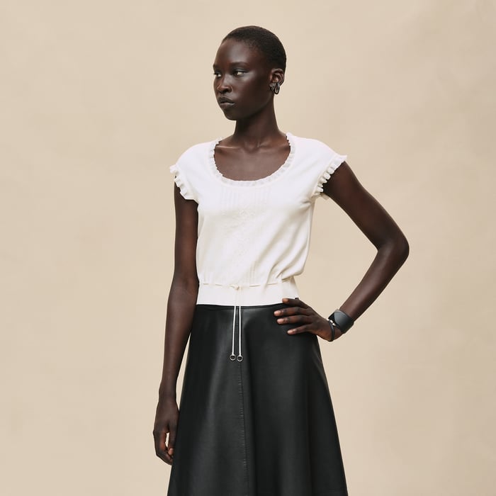 Blanc Naturel Short-sleeve Sweater With Ruffled Details