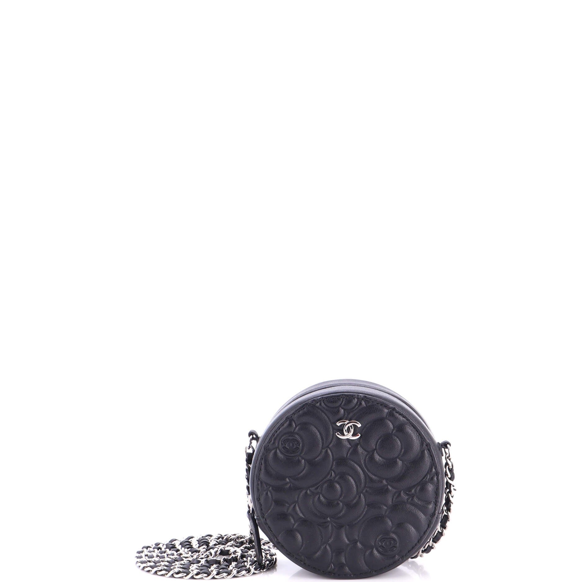 Round Clutch with Chain Camellia Goatskin Mini