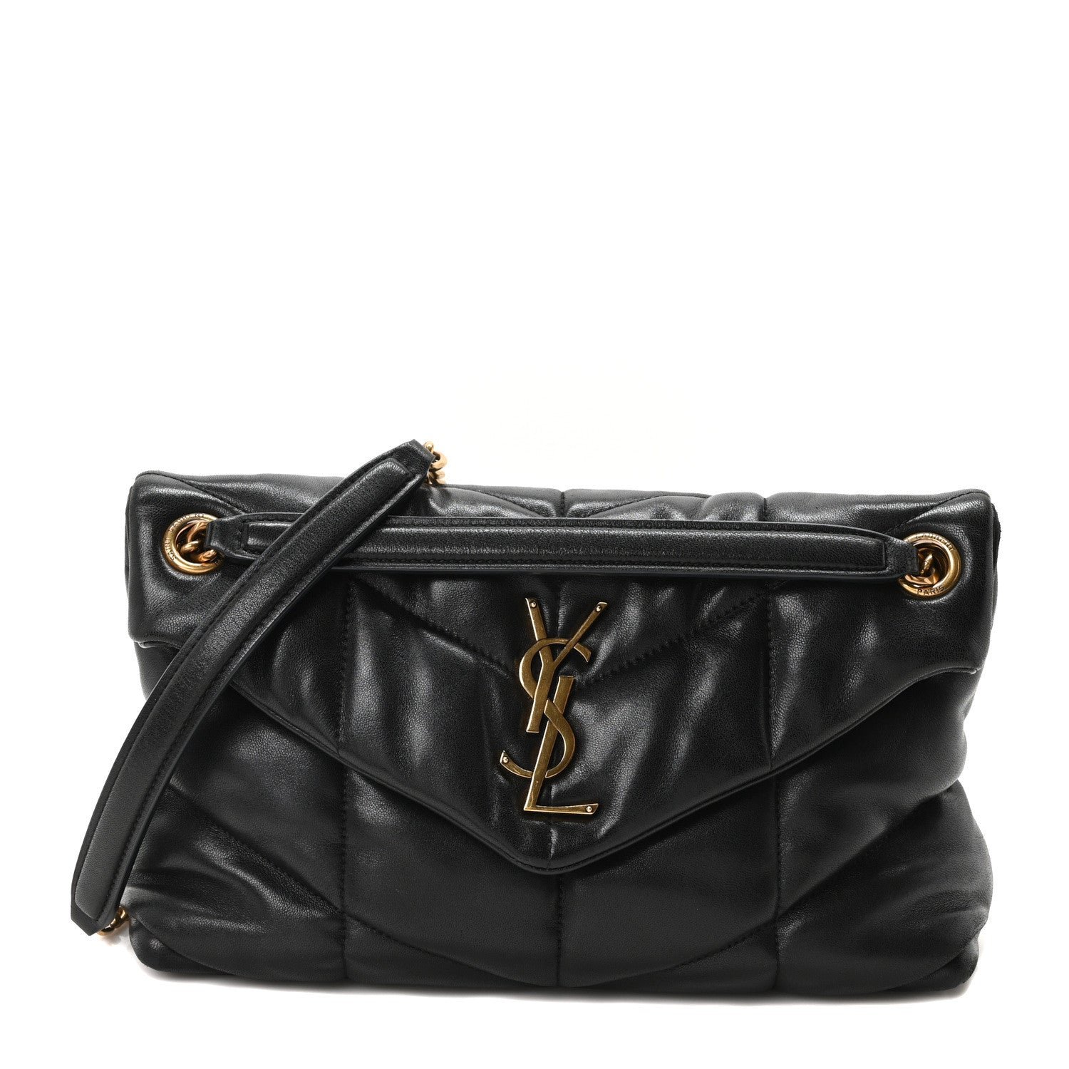Saint Laurent Lambskin Quilted Small Loulou Puffer Monogram Chain Satchel Black