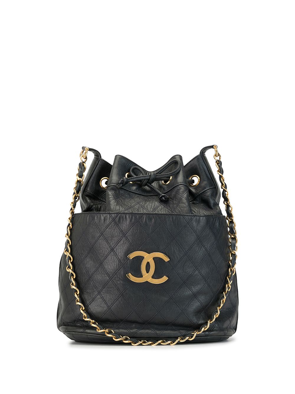Chanel 1990s stitch CC plate drawstring shoulder bag