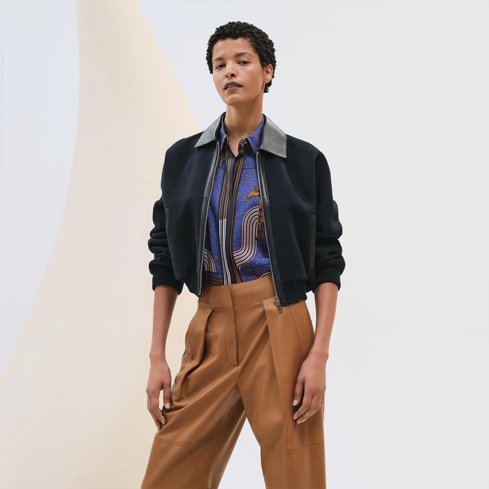 Bleu Noir Cashmere Bomber Jacket With Leather Detail
