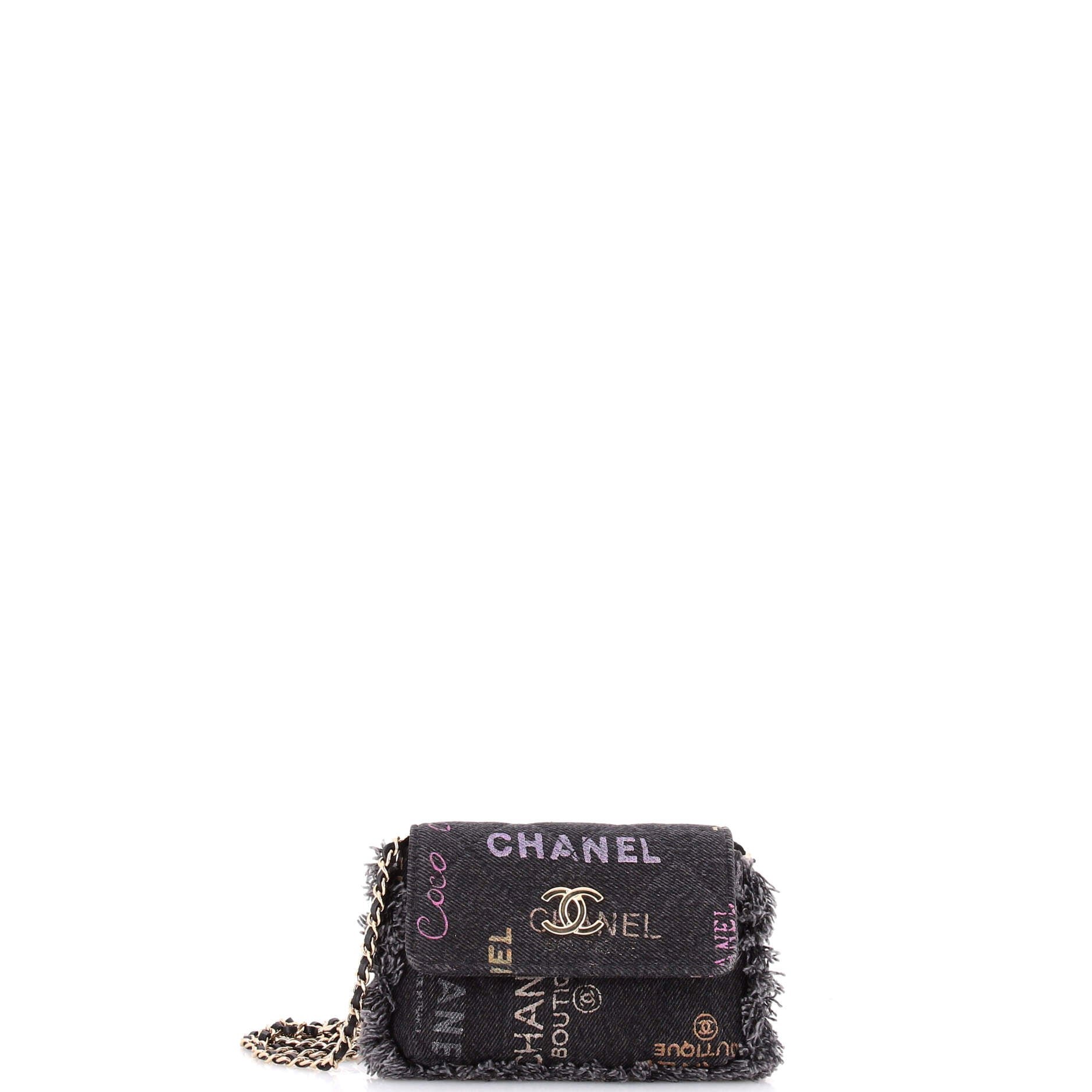 Denim Mood Flap Clutch with Chain Logo Printed Quilted Fringe Denim
