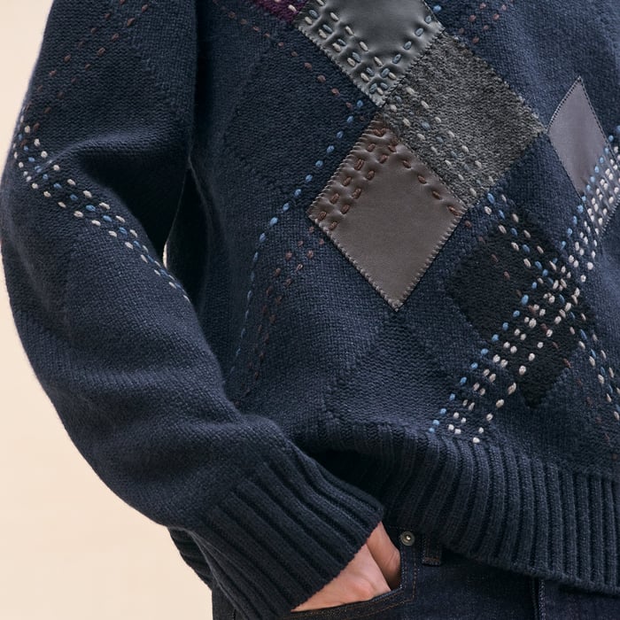 Marine Cashmere "Argyle Brode Cuir" Crewneck Sweater