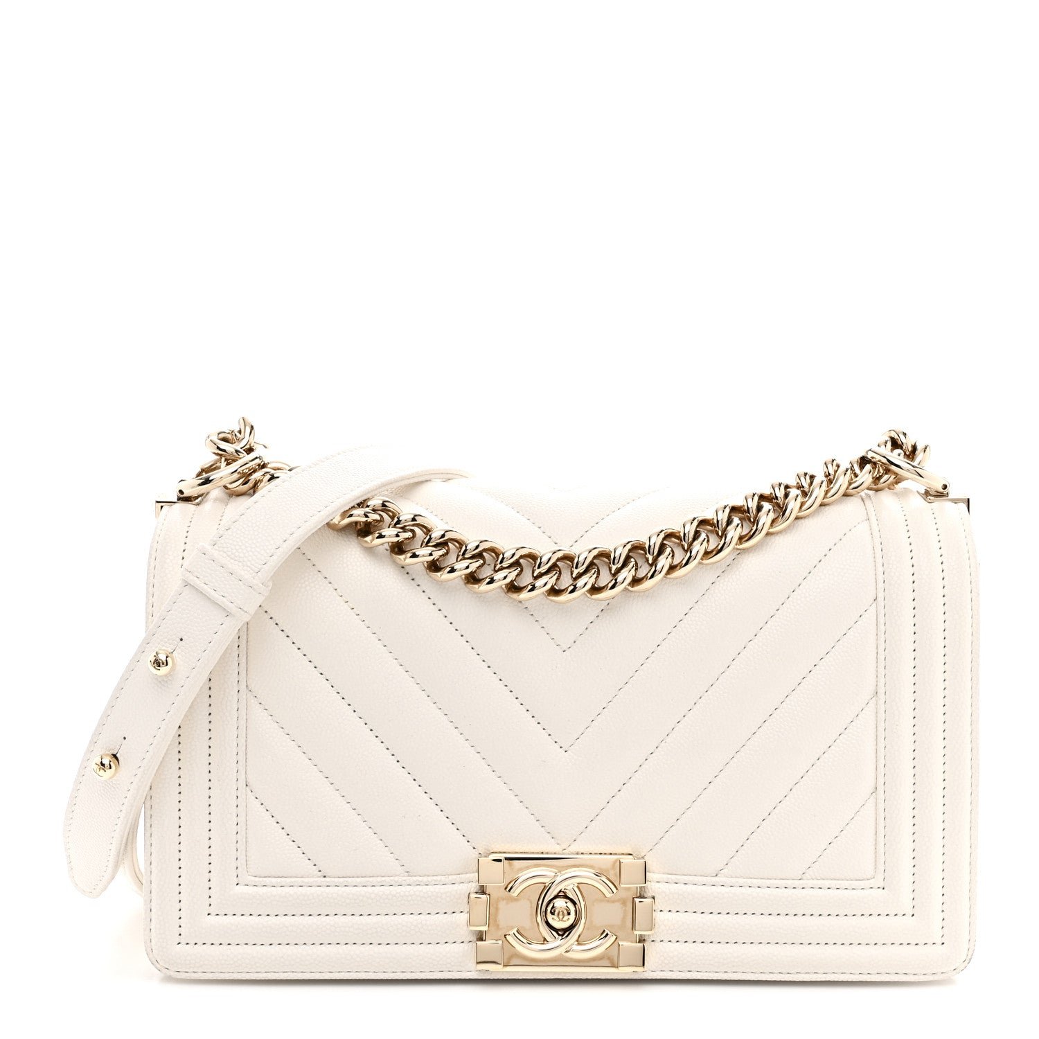 Chanel Caviar Chevron Quilted Medium Boy Flap White