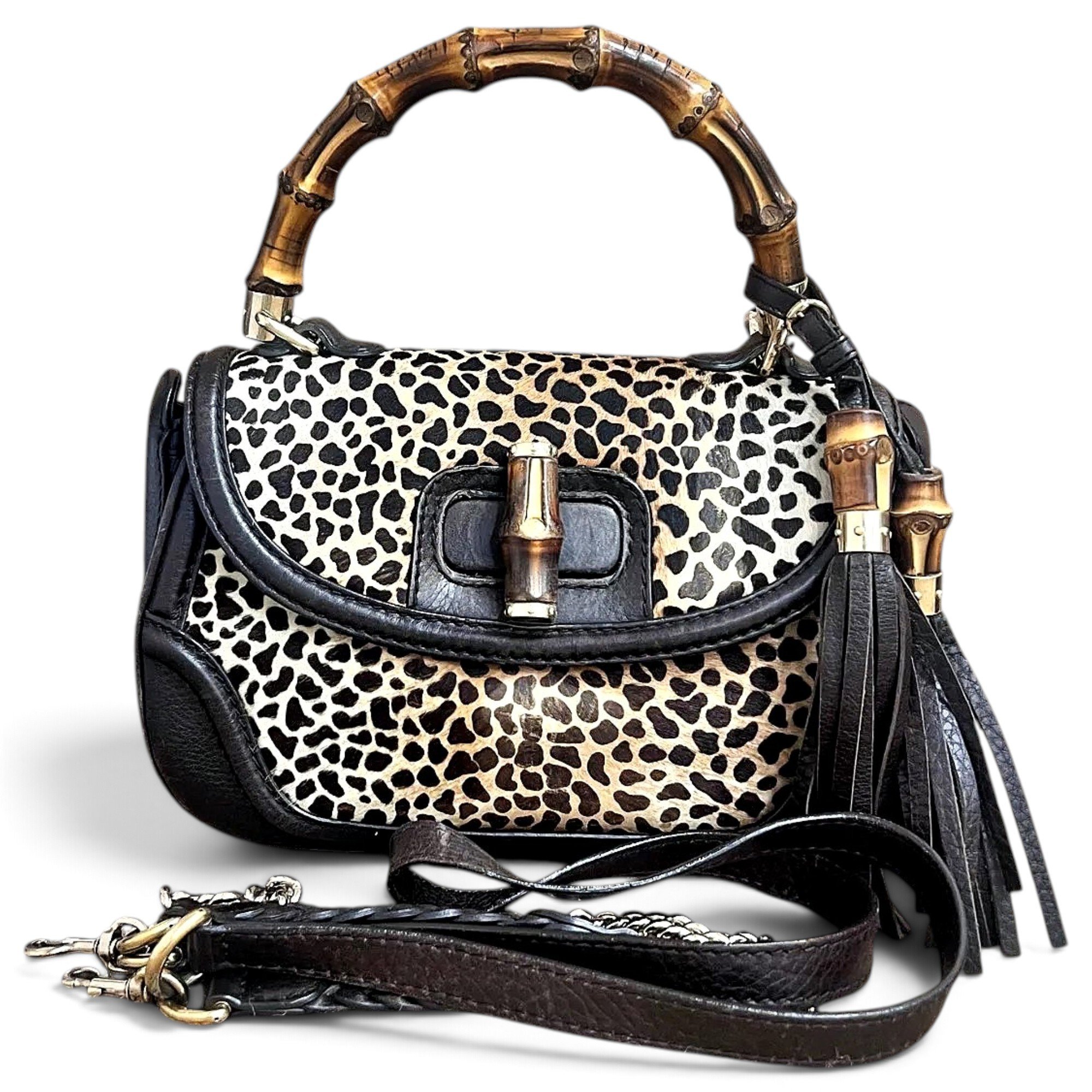 Convertible Pompon Bamboo Top Handle leather crossbody bag