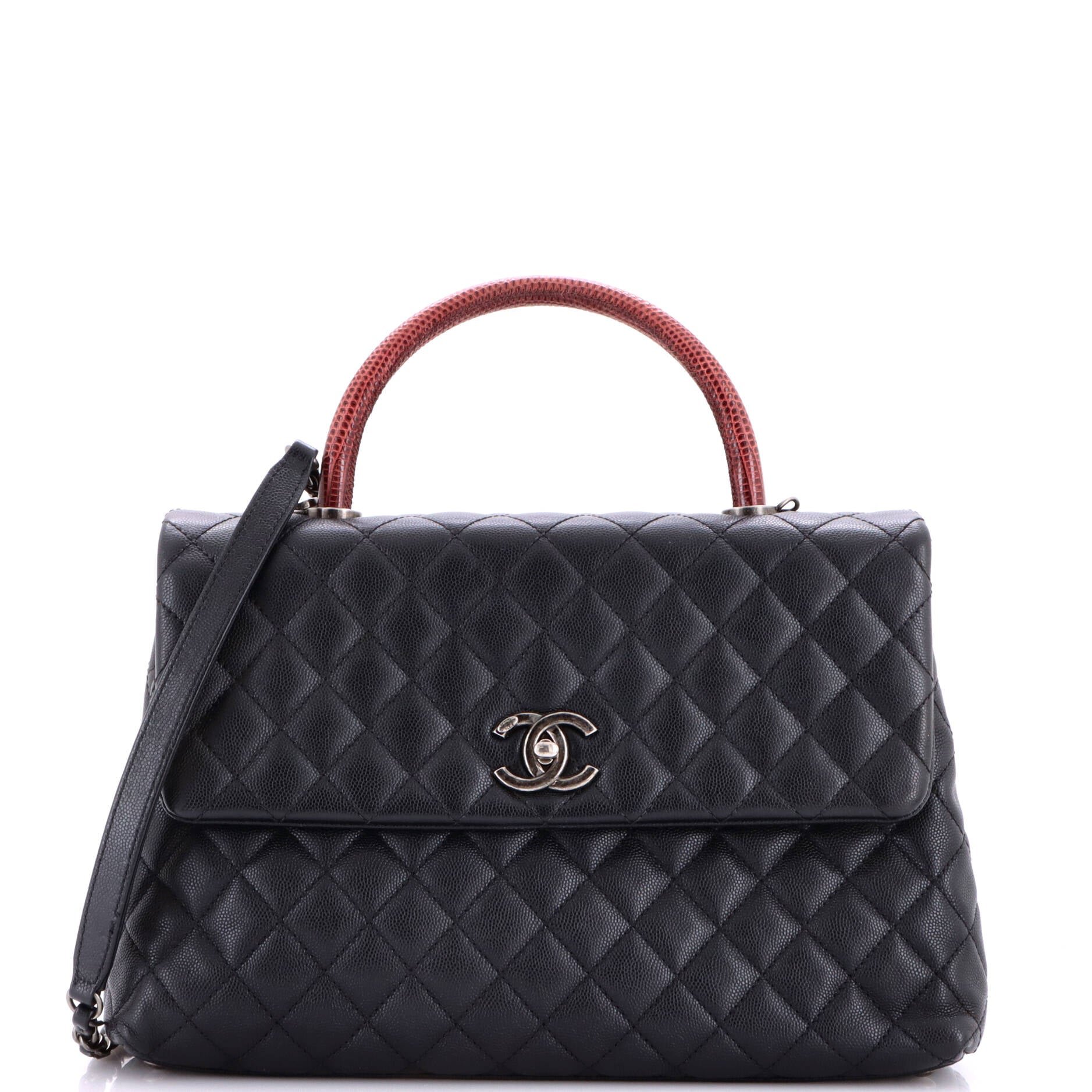 Coco Top Handle Bag Quilted Caviar with Lizard Medium