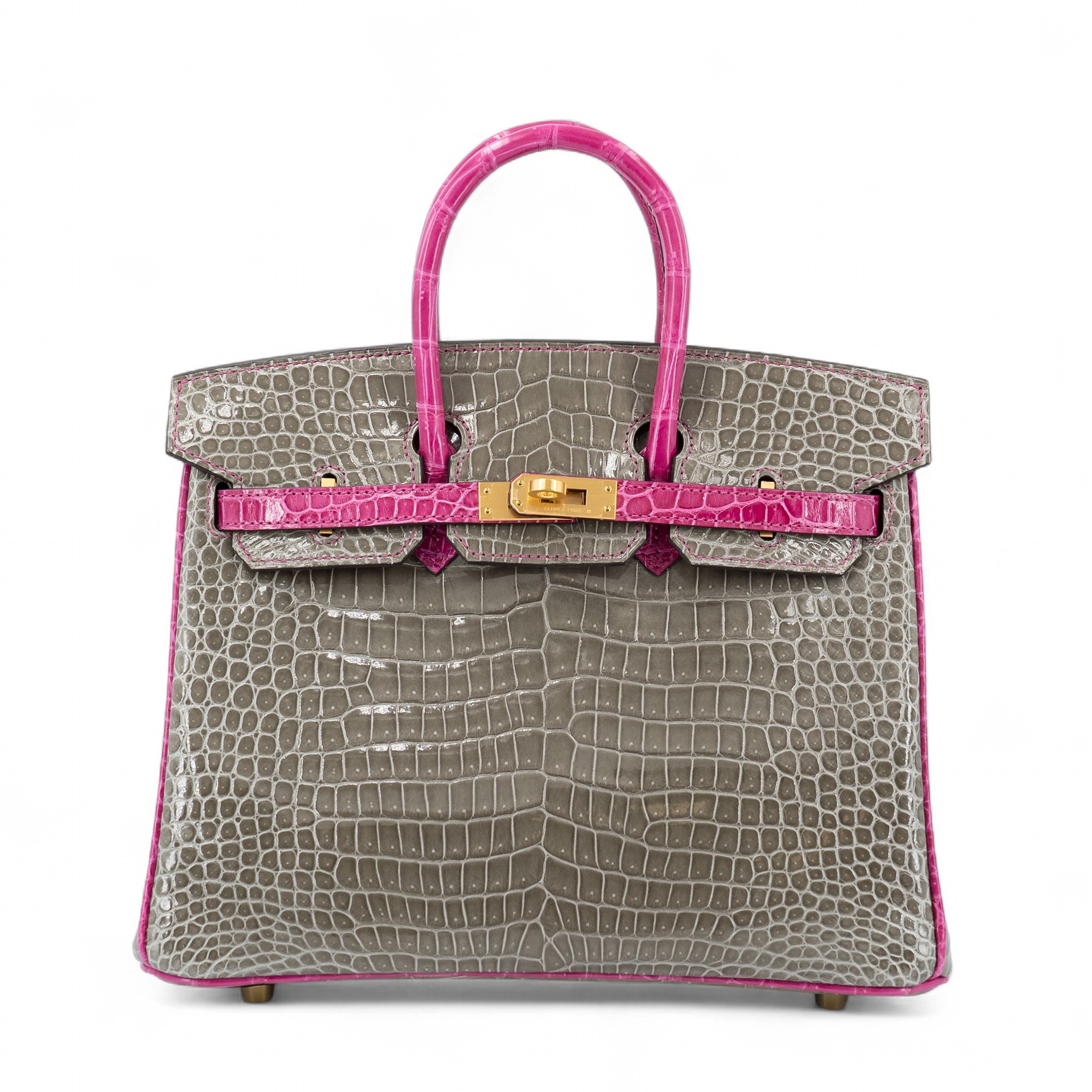 Excellent ( Rank SA ) HERMÈS Special Order Birkin 25 HSS Gris Tourterelle (81) Rose Scheherazade (J5) Shiny Porosus Crocodile Brushed Gold hardware D (2019)