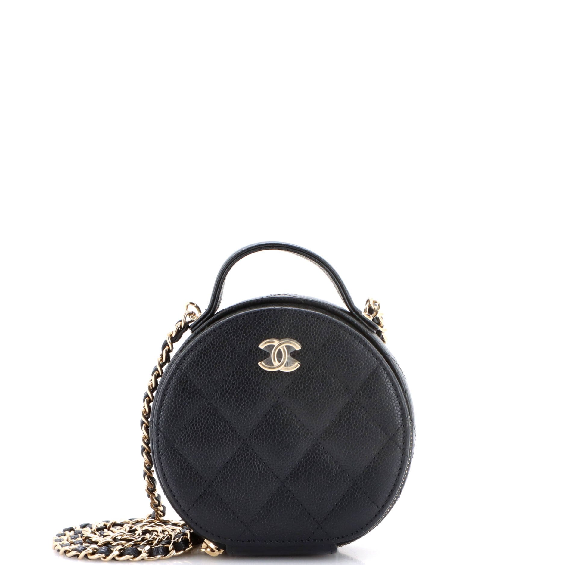 Handle with Care Round Vanity Case with Chain Quilted Caviar Small