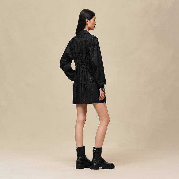 Noir Robe Coulissée Brodée