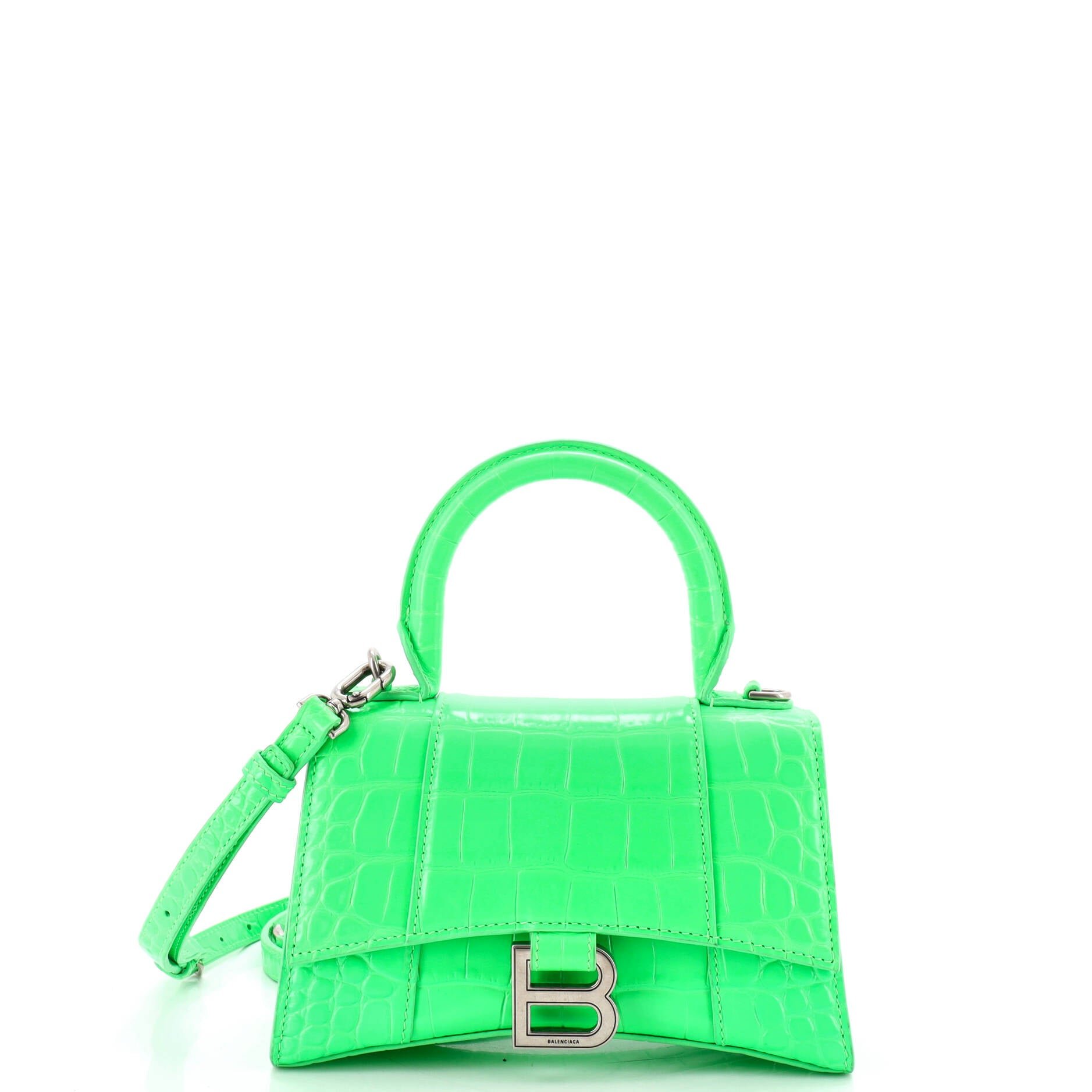 Hourglass Top Handle Bag Crocodile Embossed Leather XS