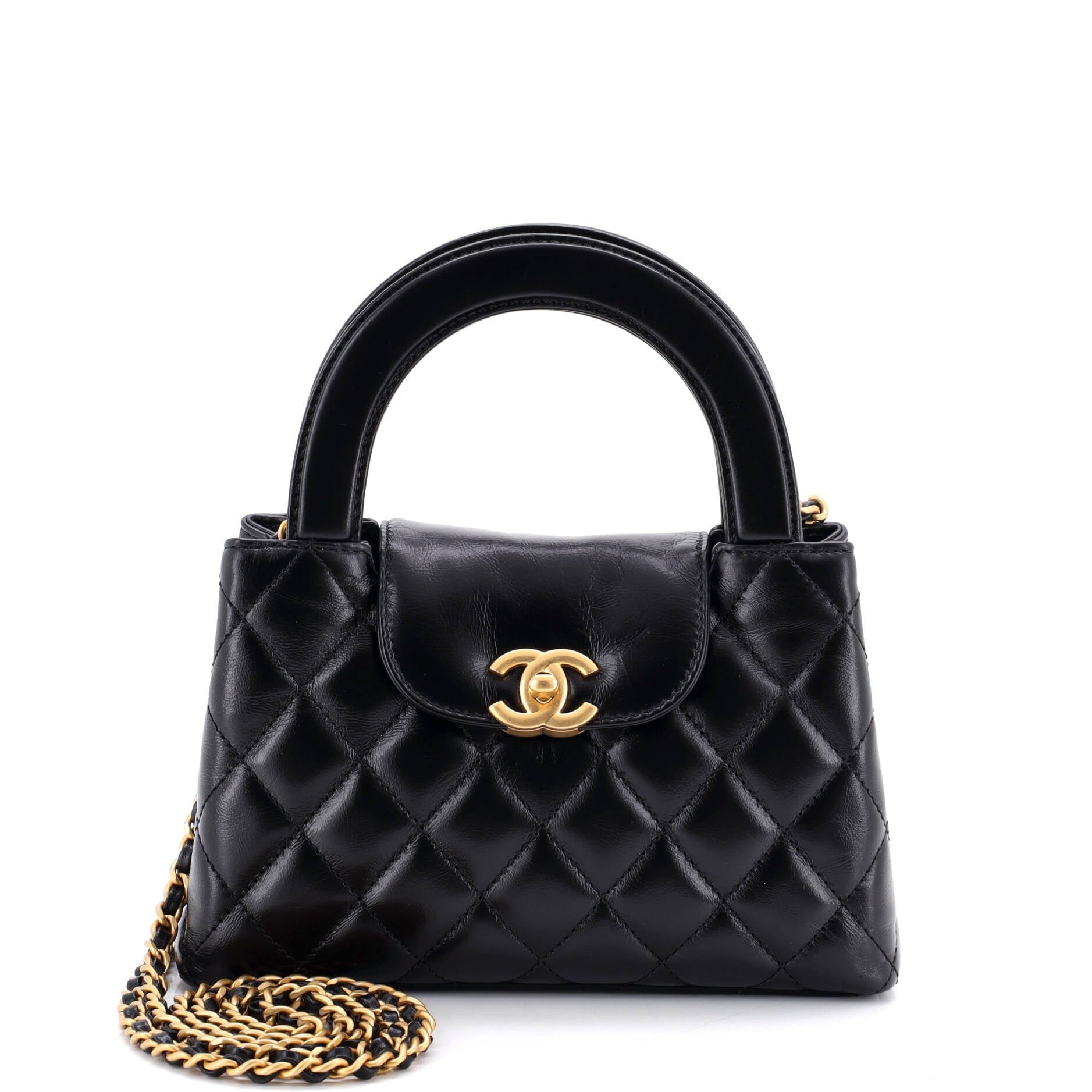 Kelly Top Handle Shopping Bag Quilted Shiny Aged Calfskin Mini