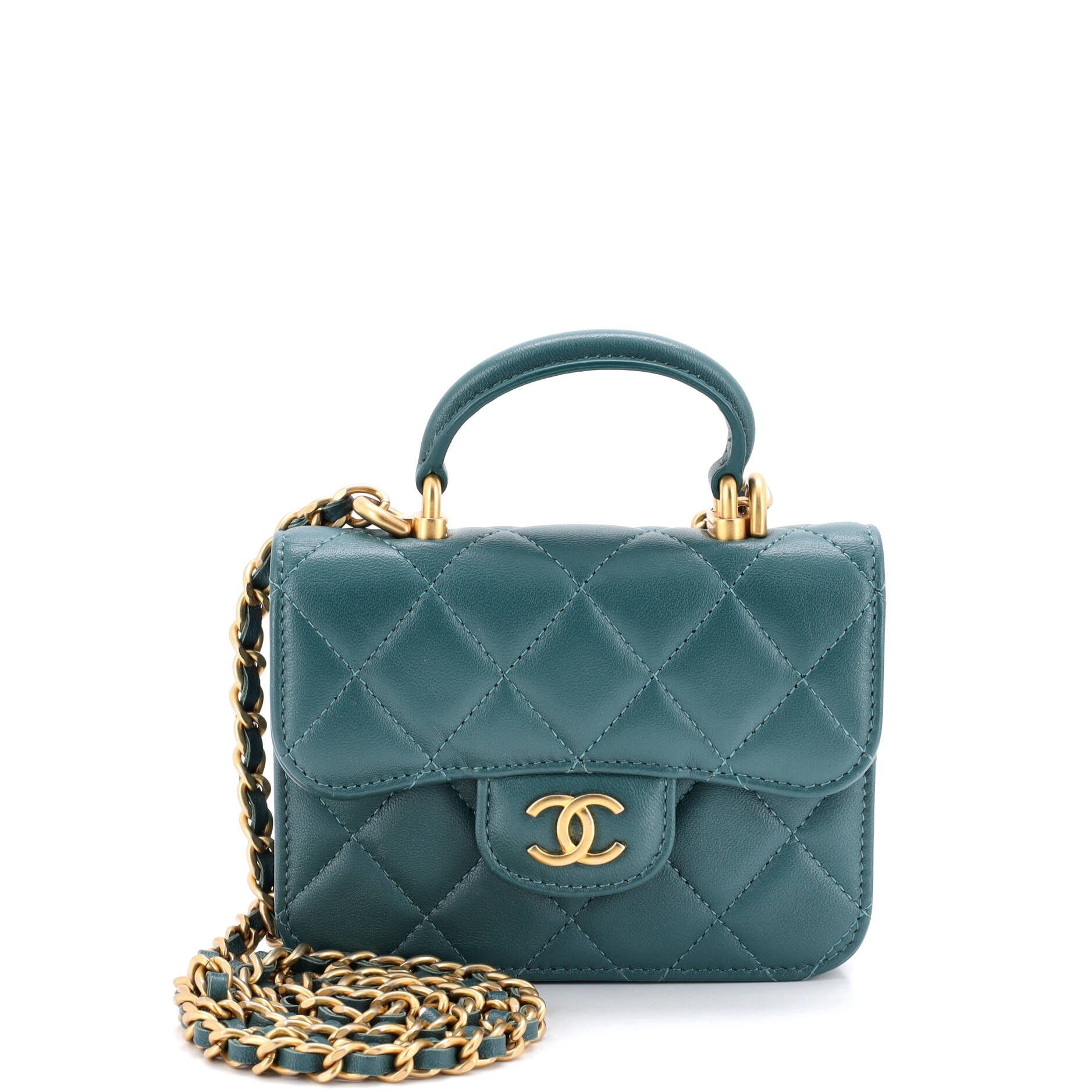 Top Handle Flap Coin Purse with Chain Quilted Lambskin