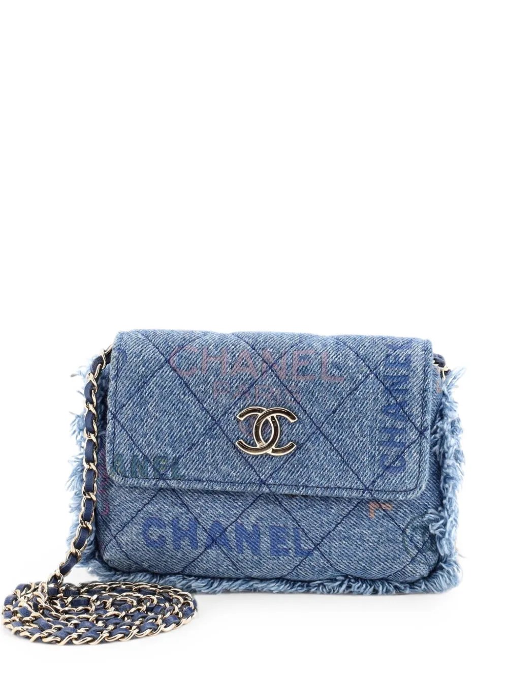 Denim Mood Flap Clutch with Chain Logo Printed Quilted Fringe Denim crossbody bag