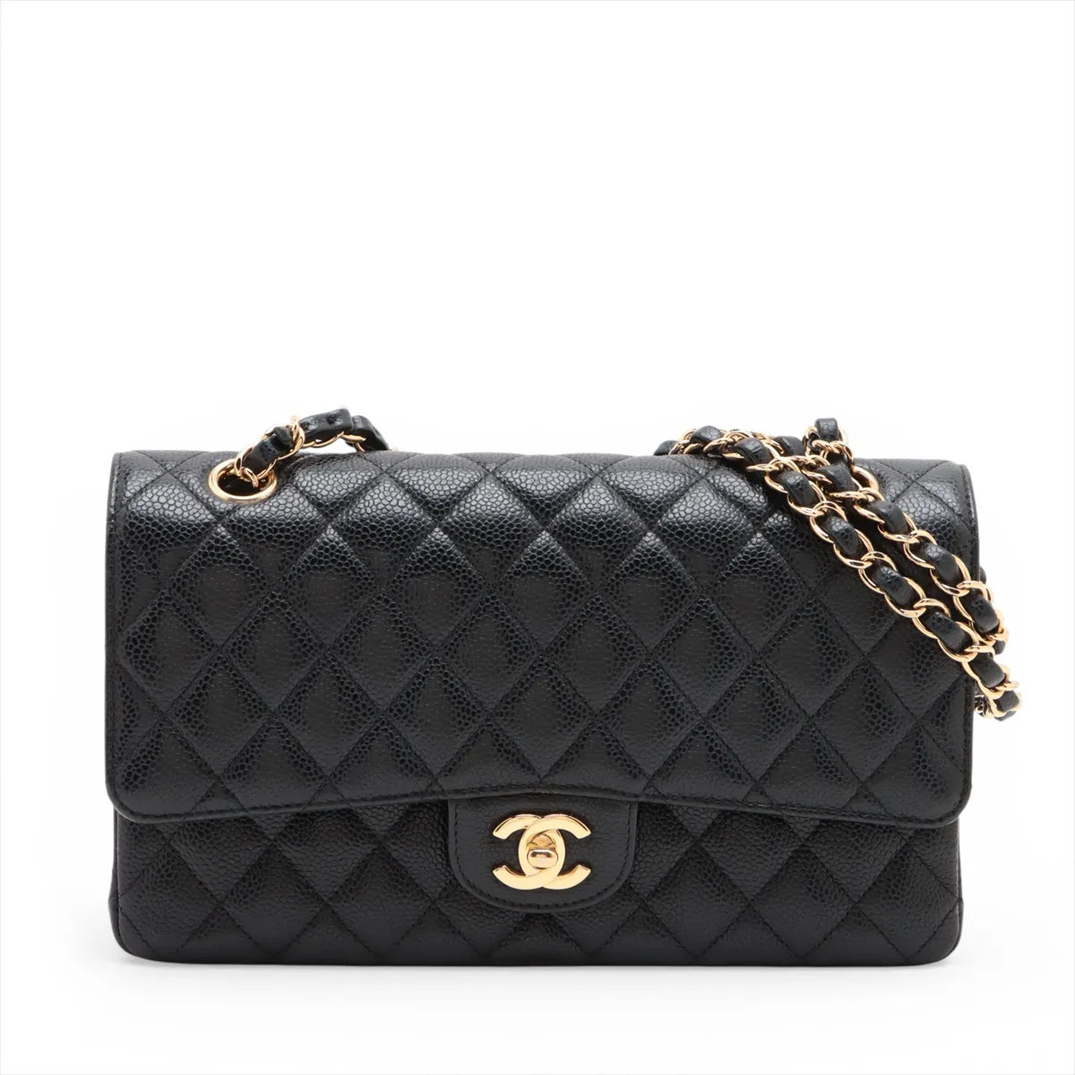 Chanel Matelasse 25 Caviar Skin Double Flap Double Chain Bag Black Gold Metal Fi