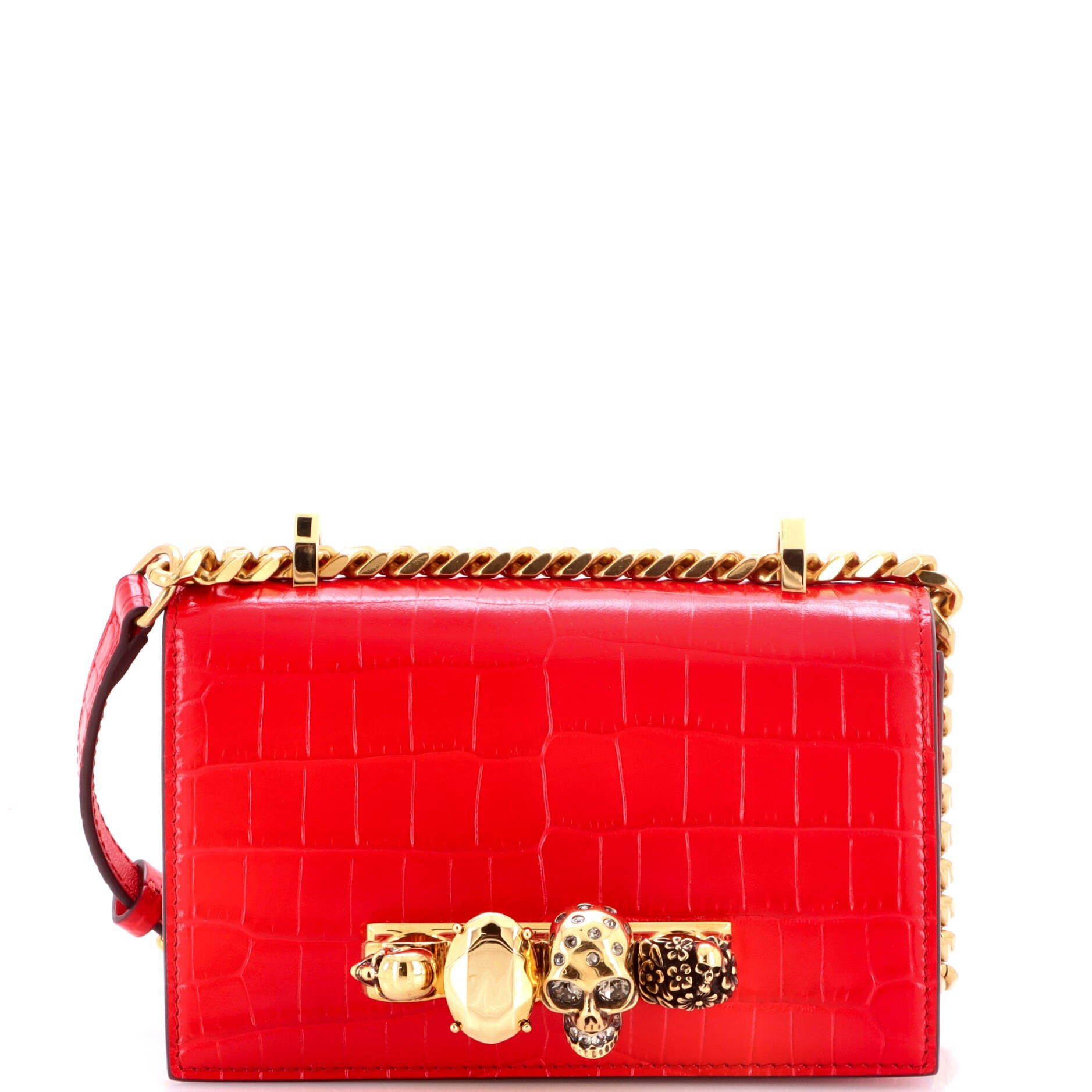 Jewelled Flap Satchel Crocodile Embossed Leather Mini
