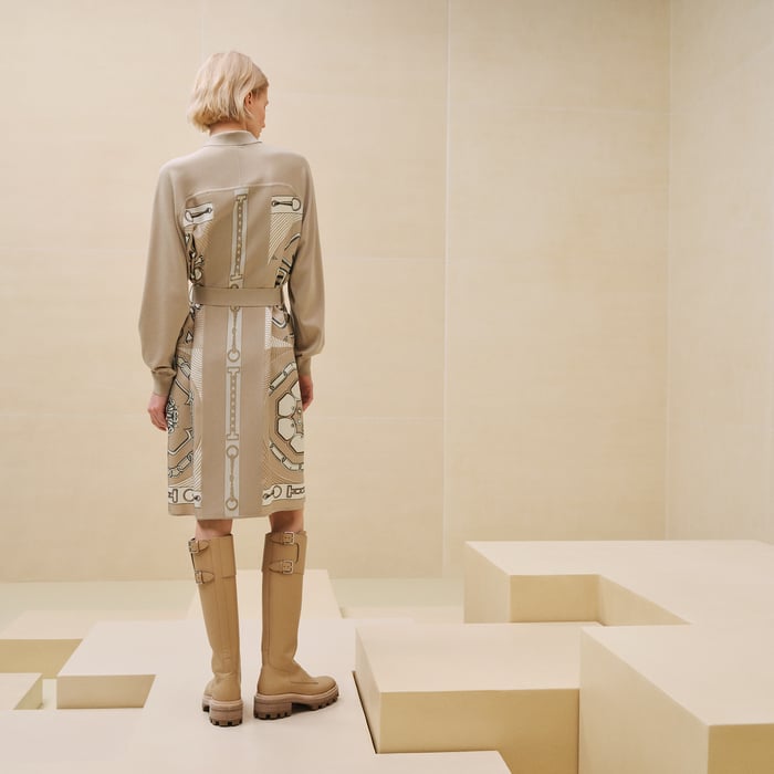 Beige Glaise "Effet Kaleidoscope" Shirt Knotted Waist Twillaine Dress