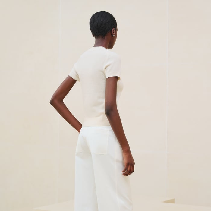 Blanc Naturel Suéter De Manga Curta Em Cashmere
