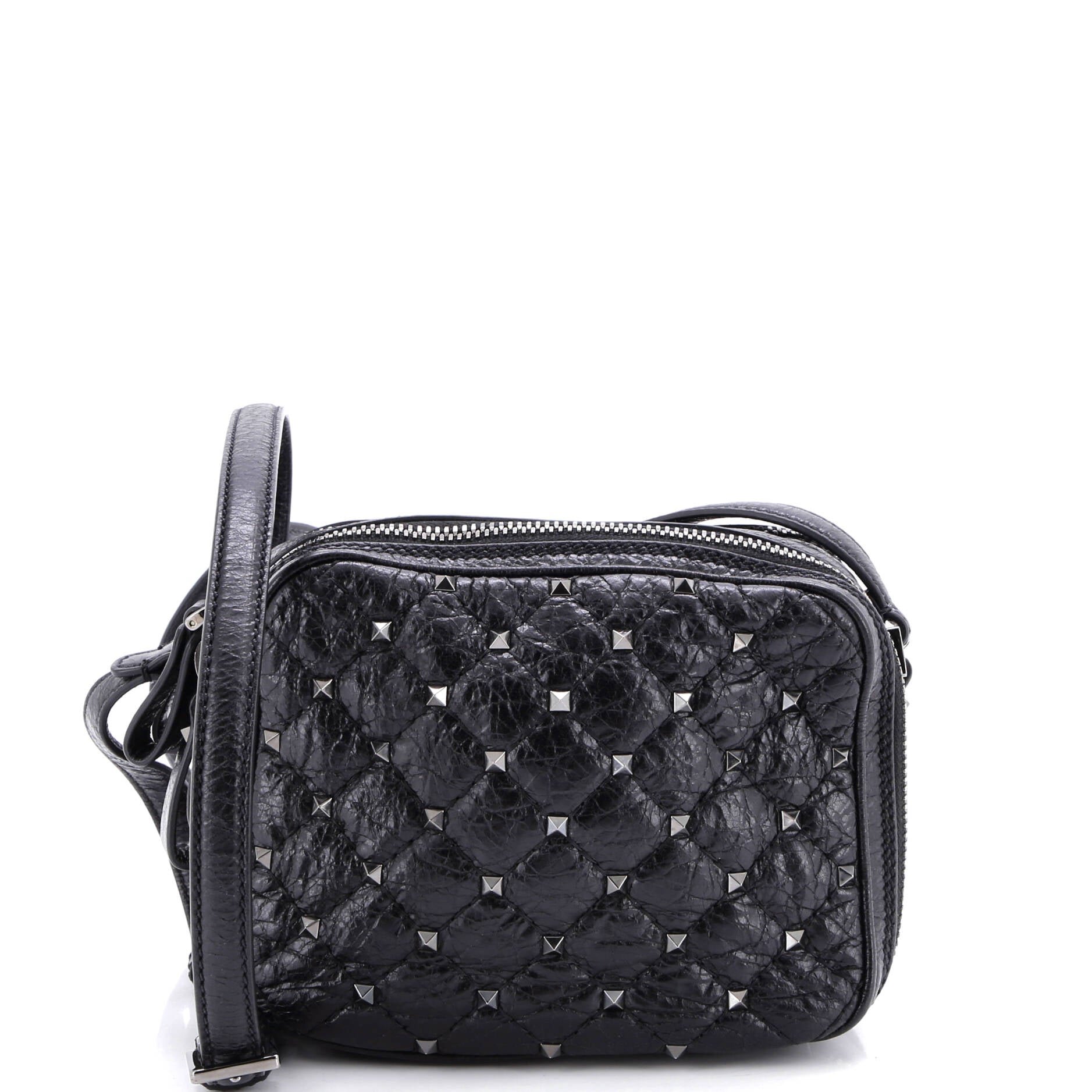Valentino Garavani Rockstud Double Zip Camera Bag Quilted Crackled Leather