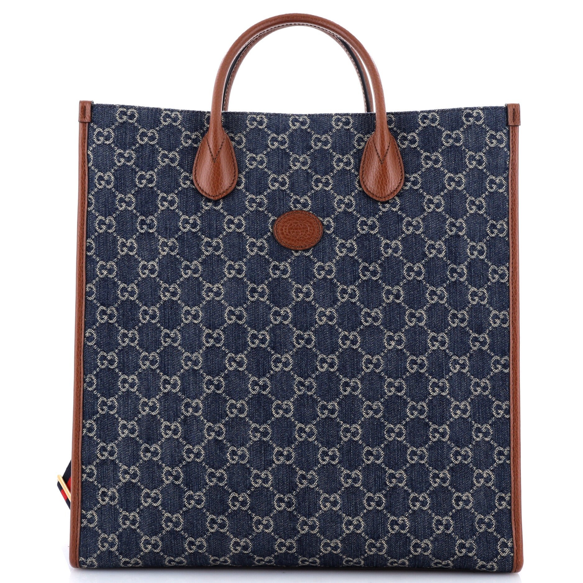 Interlocking G Patch Web Strap Convertible Tote GG Denim Tall