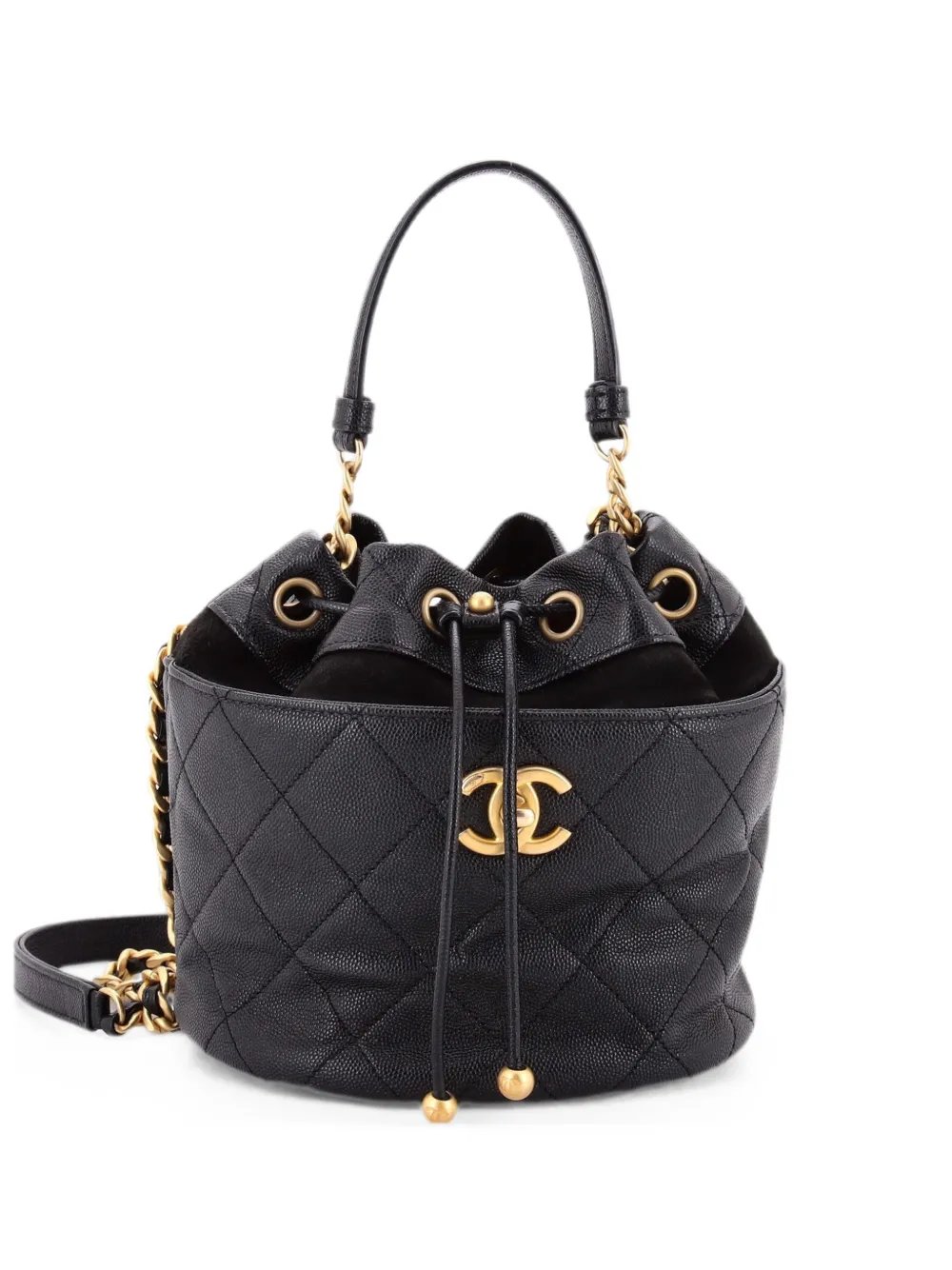 CC Drawstring Quilted Caviar with Suede Small bucket bag