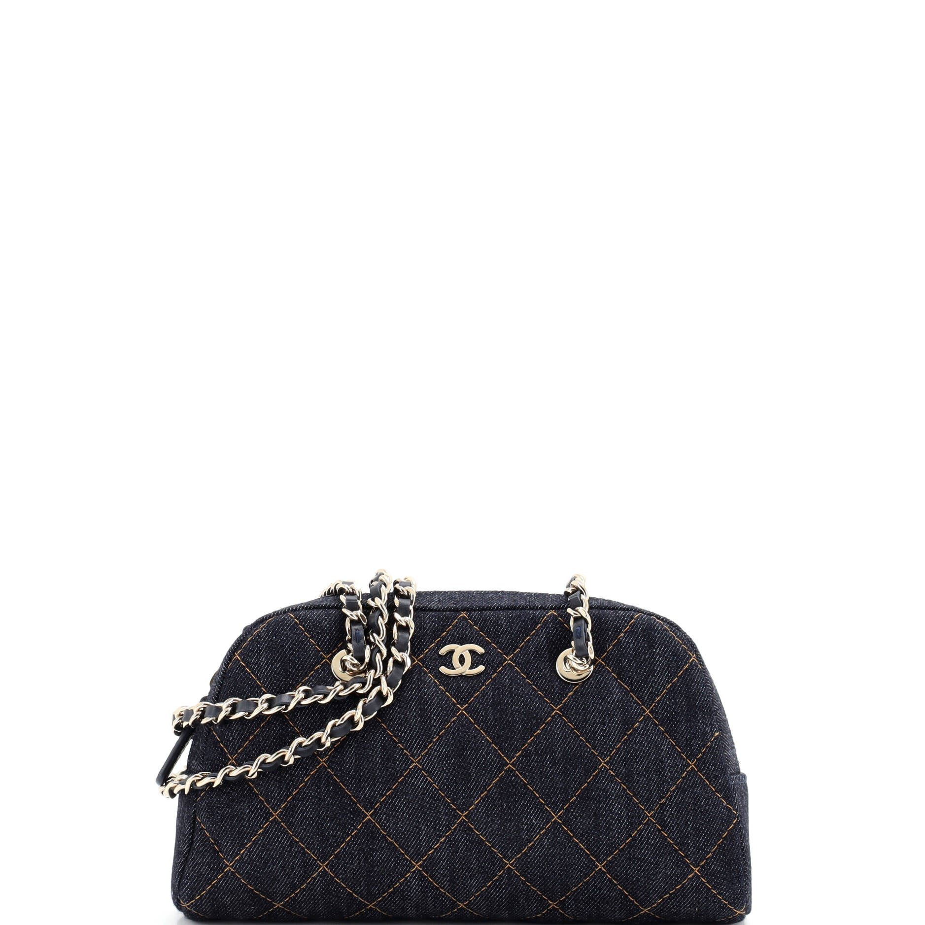 Bowling Clutch with Chain Quilted Denim