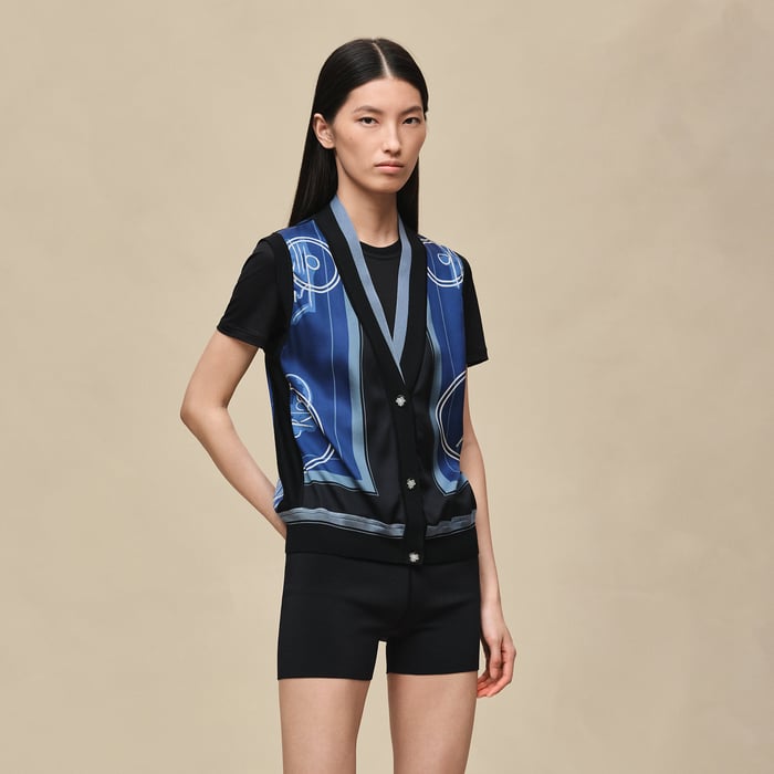 Bleu Lagune "Ex-libris a Main Levee" Sleeveless Twillaine Cardigan
