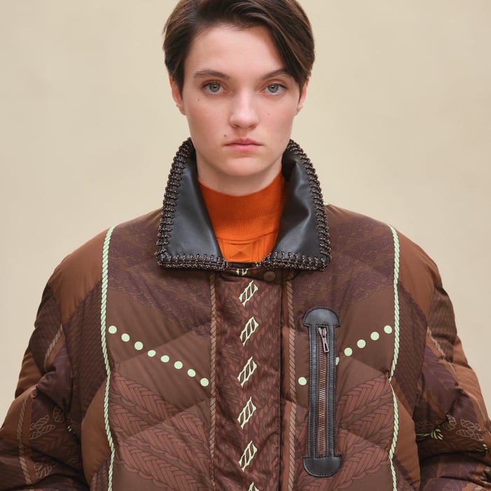 Marron Bois "Dressage Tressage" Mixed Leather Short Puffer Coat