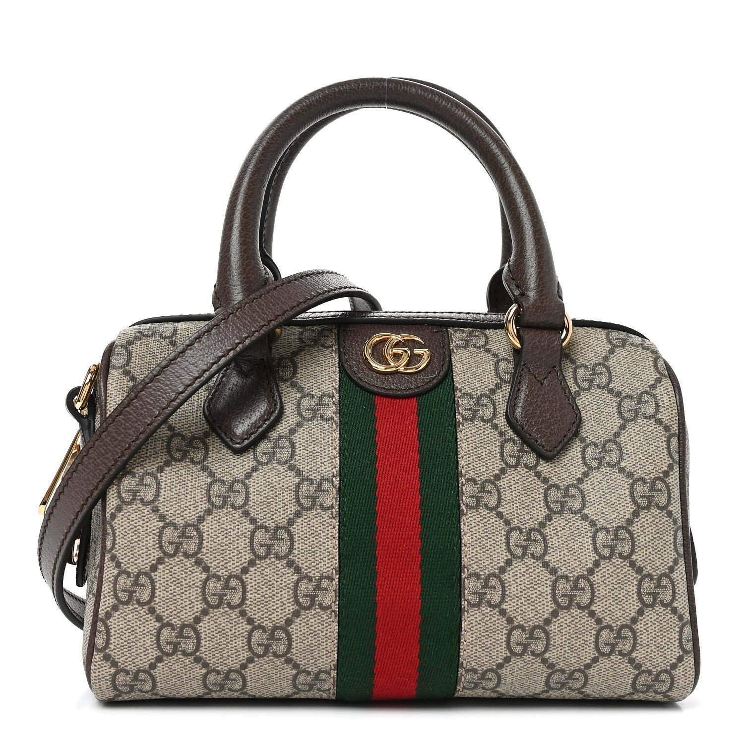 Gucci GG Supreme Monogram Textured Dollar Calfskin Web Mini Ophidia Top Handle Bag Beige Ebony New Acero