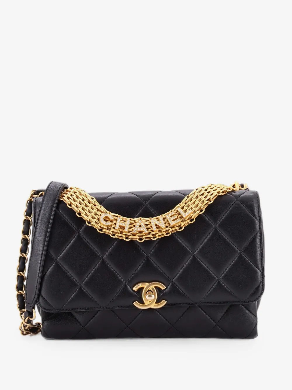 Crystal Logo Letters Chain Handle Flap Bag Quilted Lambskin Medium shoulder bag