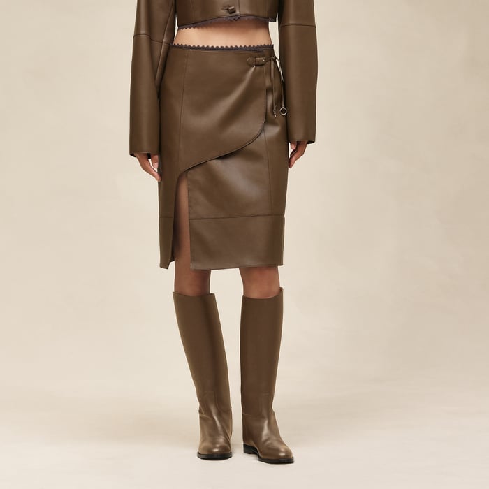 Marron Muschio Shiny Lambskin Wrap Skirt