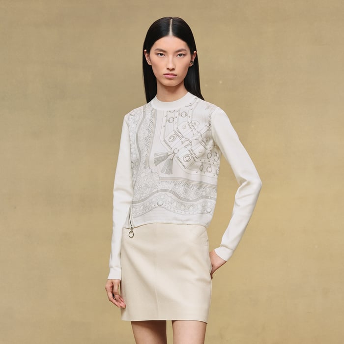 Gris Perle "Aux Champs En Fleurs Raye" Long-sleeve Twillaine Sweater