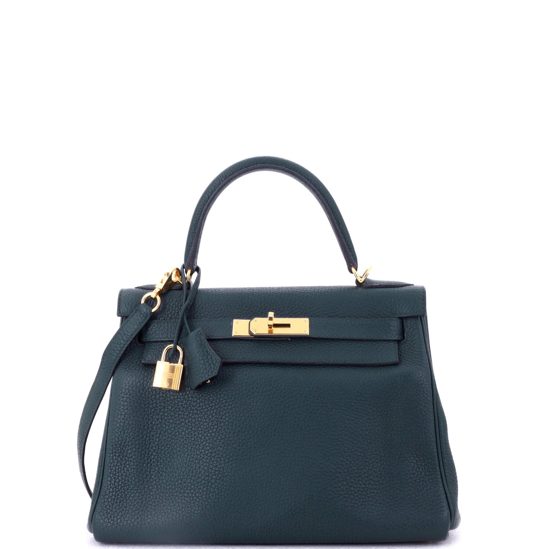 Hermes Kelly Handbag Vert Cypress Clemence with Gold Hardware 28
