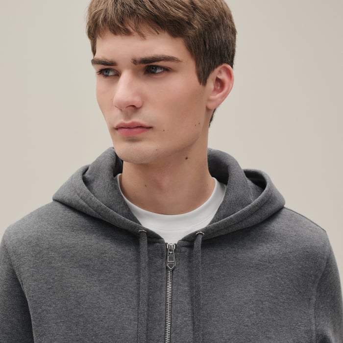 Gris Chiné Foncé "Ex-libris" Hooded Sweater With Silk Detail
