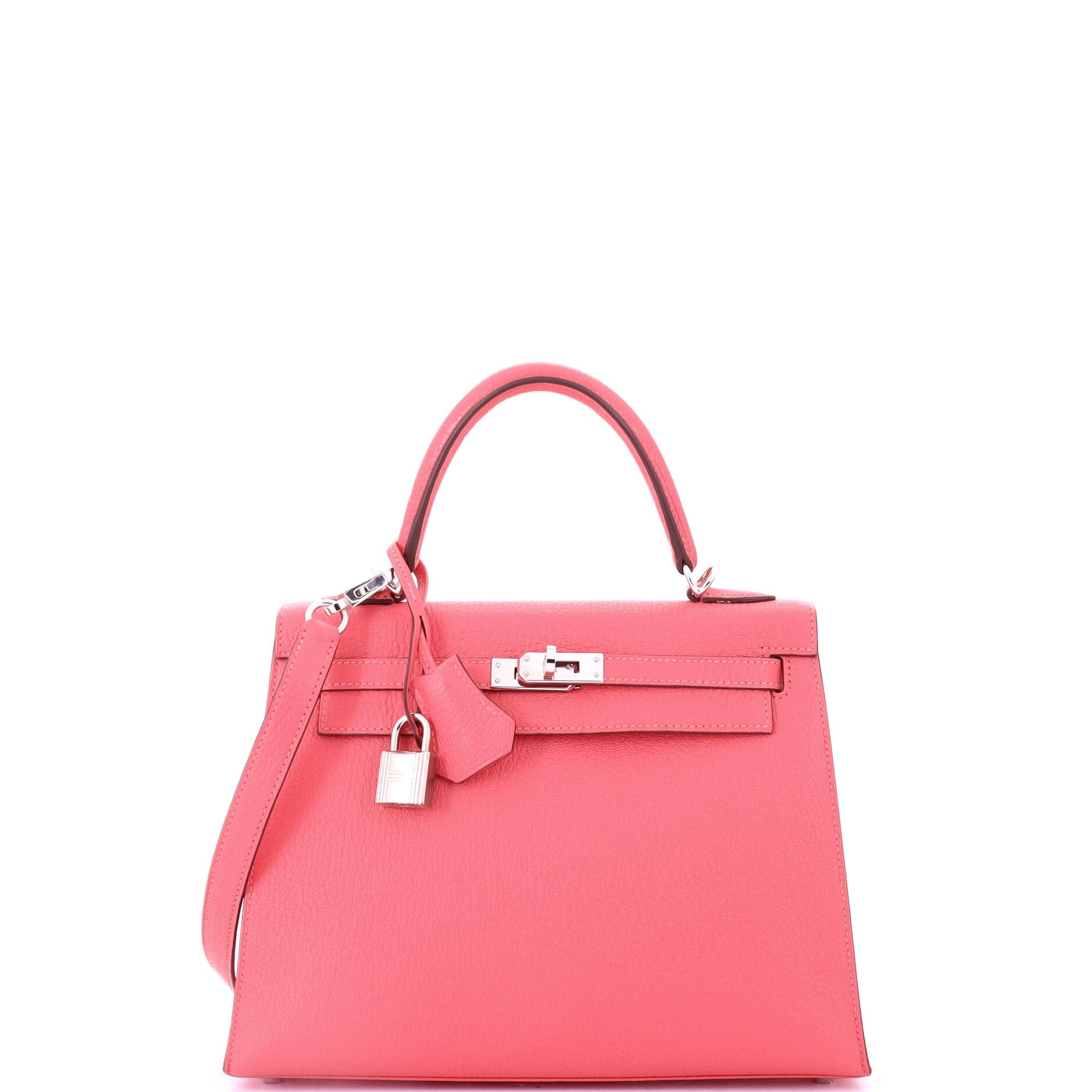 Hermes Kelly Handbag Rose Azalée Chevre Mysore with Palladium Hardware 25