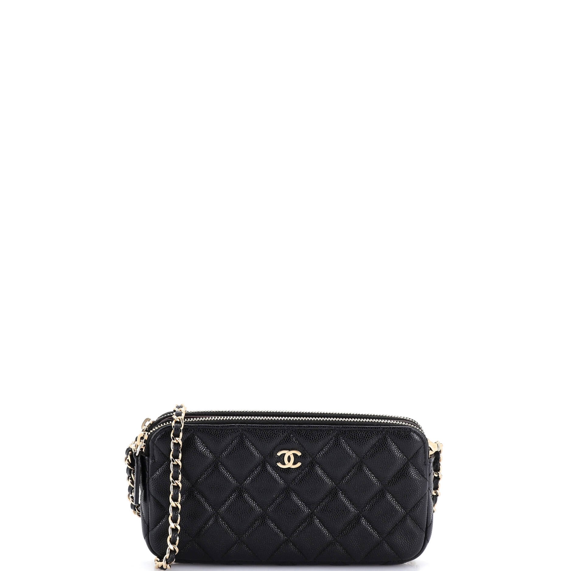 Double Zip Clutch with Chain Quilted Caviar