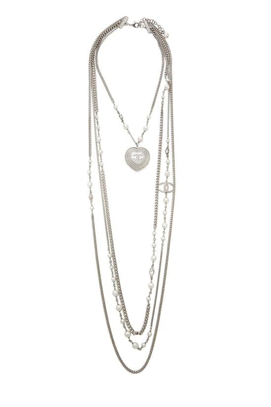 Silver Crystal 'CC' Faux Pearl Heart Necklace