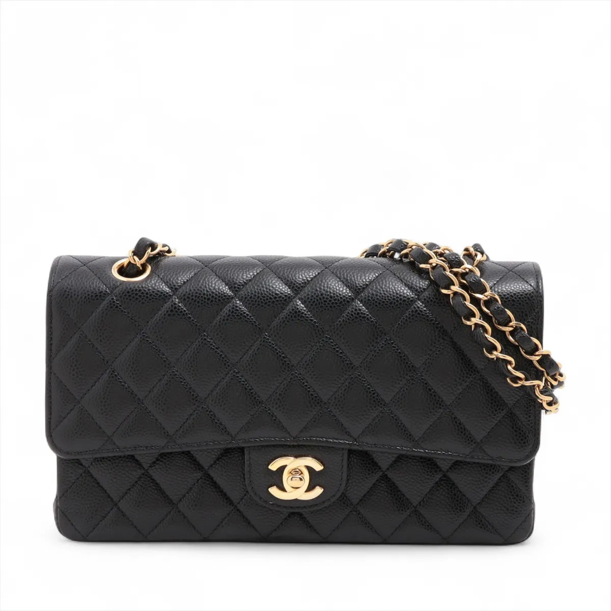 Chanel Matelasse 25 Caviar Skin Double Flap Double Chain Bag Black Gold Metal Fi