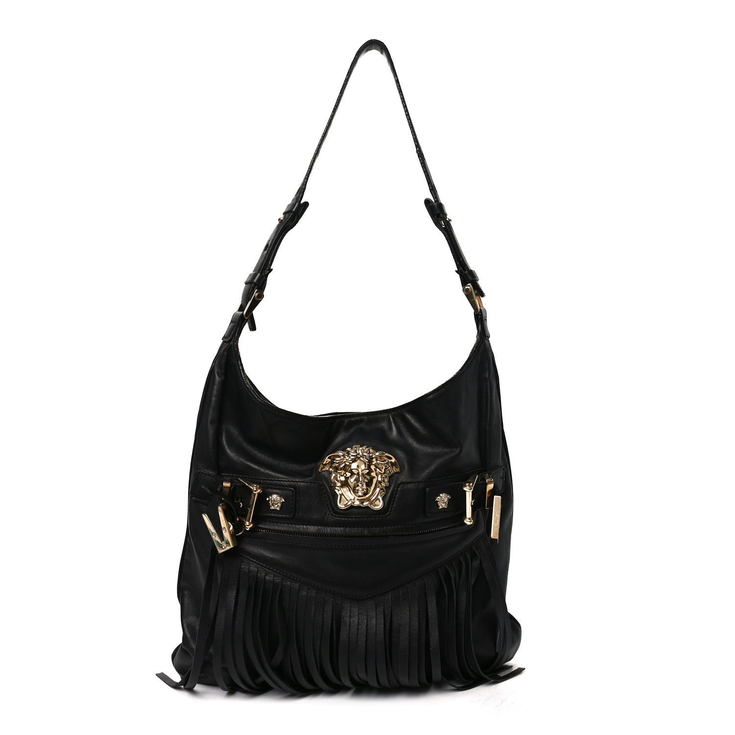 Versace Calfskin Palazzo Fringe Shoulder Bag Black