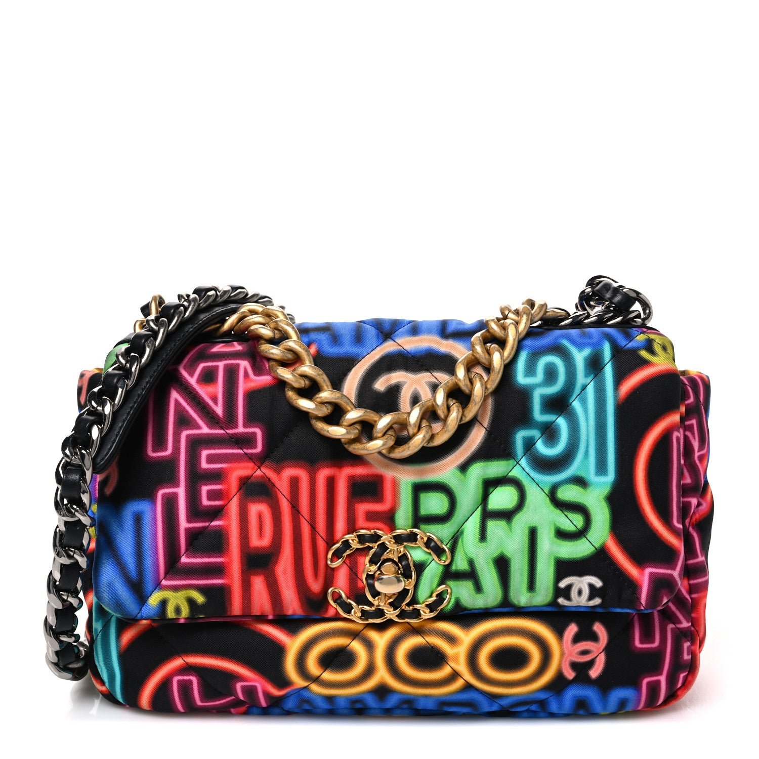 Chanel Fabric Quilted Neon Graffiti Medium Chanel 19 Flap Black Multicolor